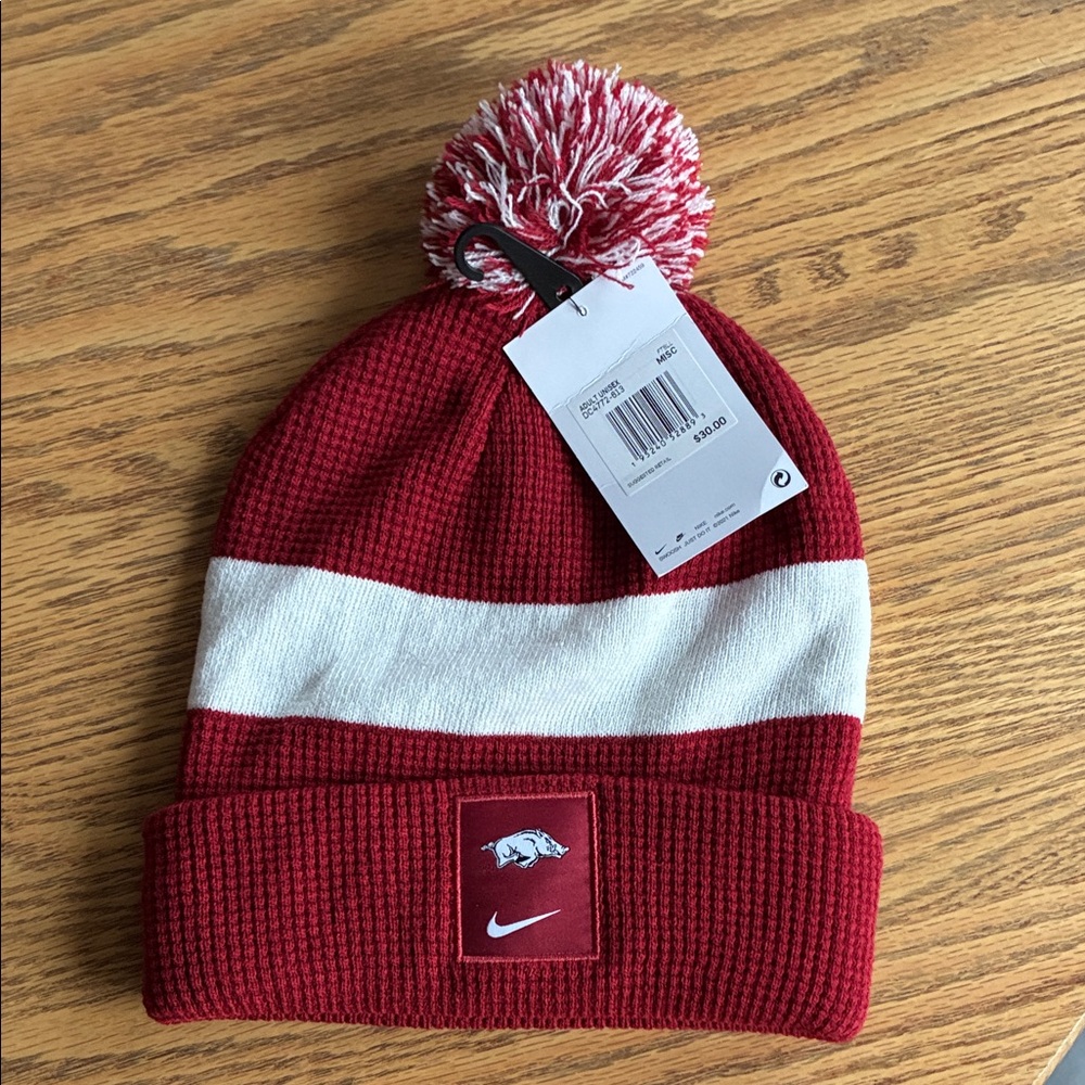 Nike Adult Arkansas Red and White Pom Beanie